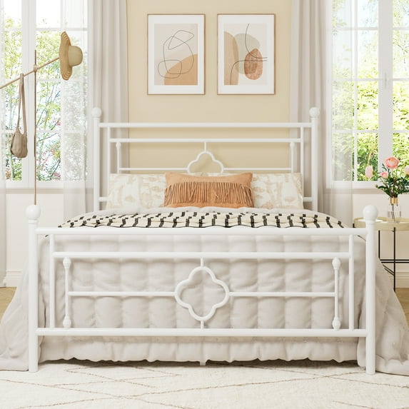Allewie Queen Size Metal Platform Bed Frame with Victorian Vintage Headboard and Footboard, White