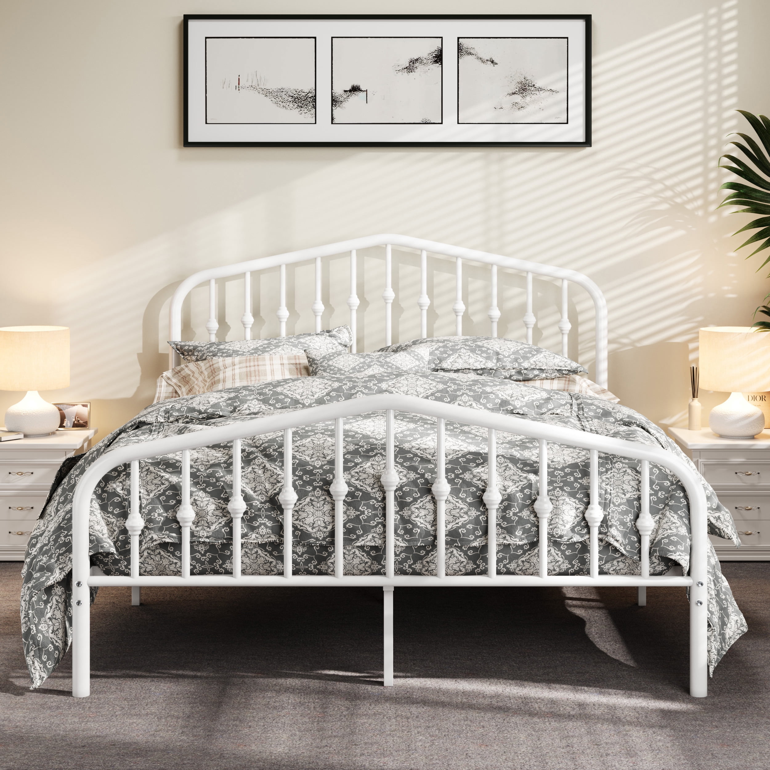 Allewie Queen Size Metal Platform Bed Frame with Vintage Headboard and Footboard, No Box Spring Needed, Easy Assembly, White