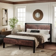 Allewie Queen Size Bed Frame, Heavy Duty Metal Platform Bed with Wooden Industrial Headboard & Footboard, No Box Spring Needed, Mahogany