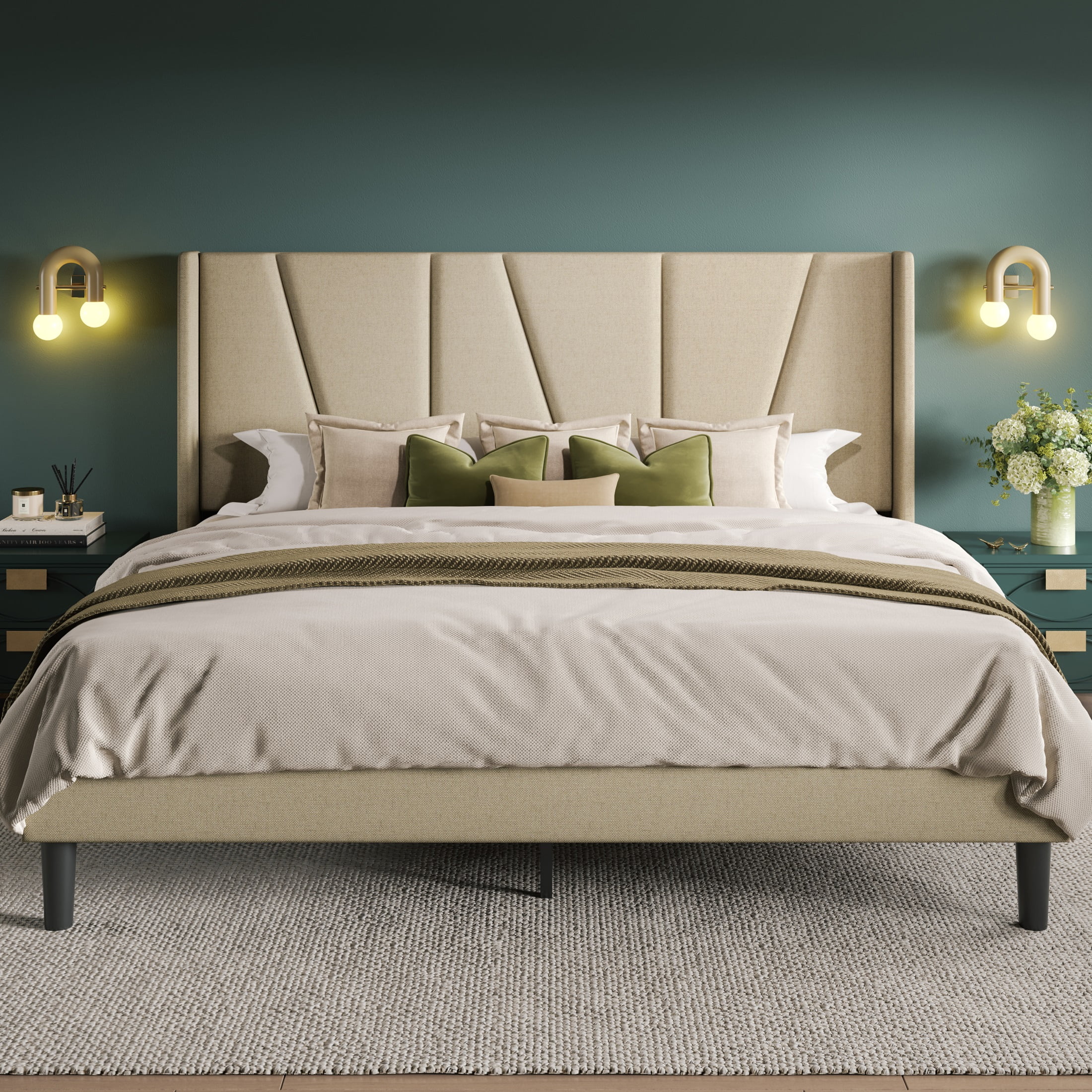 Allewie Queen Bed Frame, Upholstered Platform Bed with Wingback and Geometric Headboard, Beige