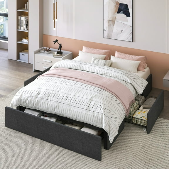 Allewie Queen Size Platform Bed Frame with 3 Storage Drawers, Fabric Upholstered, Dark Grey