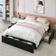 Allewie Queen Size Platform Bed Frame with 3 Storage Drawers, Faux Leather Upholstered, Black