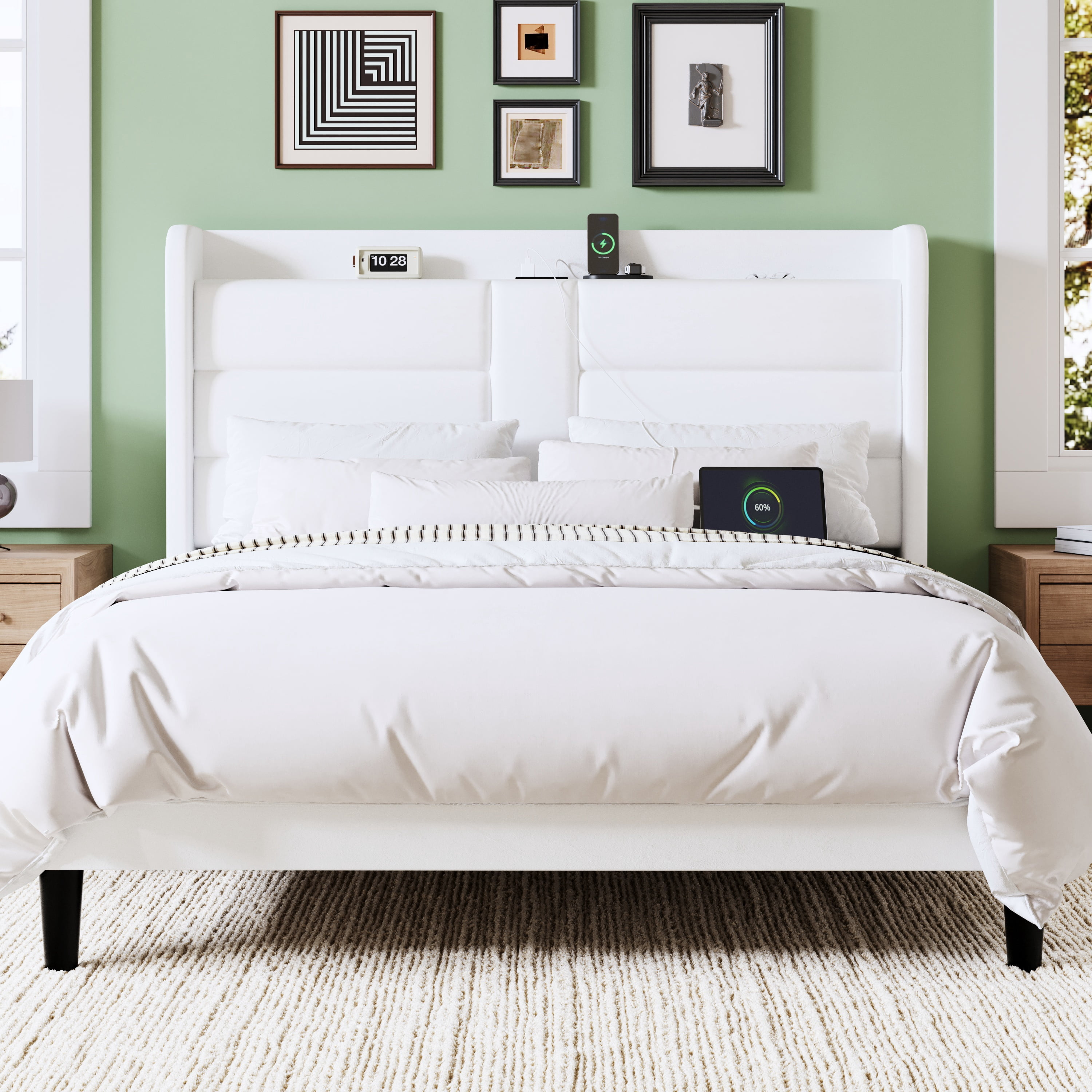 Allewie Queen Size Platform Bed Frame with Charging Station, Upholstered Velvet Wingback Design & USB Port, No Box Spring Needed, White