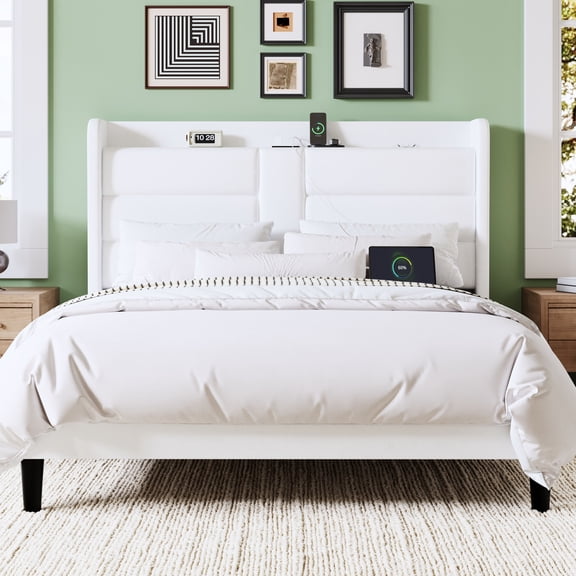 Allewie Queen Size Platform Bed Frame with Charging Station, Upholstered Velvet Wingback Design & USB Port, No Box Spring Needed, White