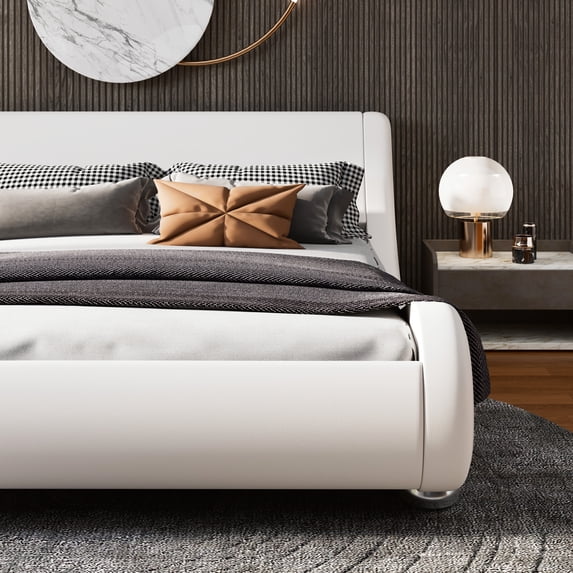 Allewie Queen Size Platform Bed Frame with Curved Adjustable Headboard, Faux Leather Upholstered Style, 10'' Mattress Recommended, White