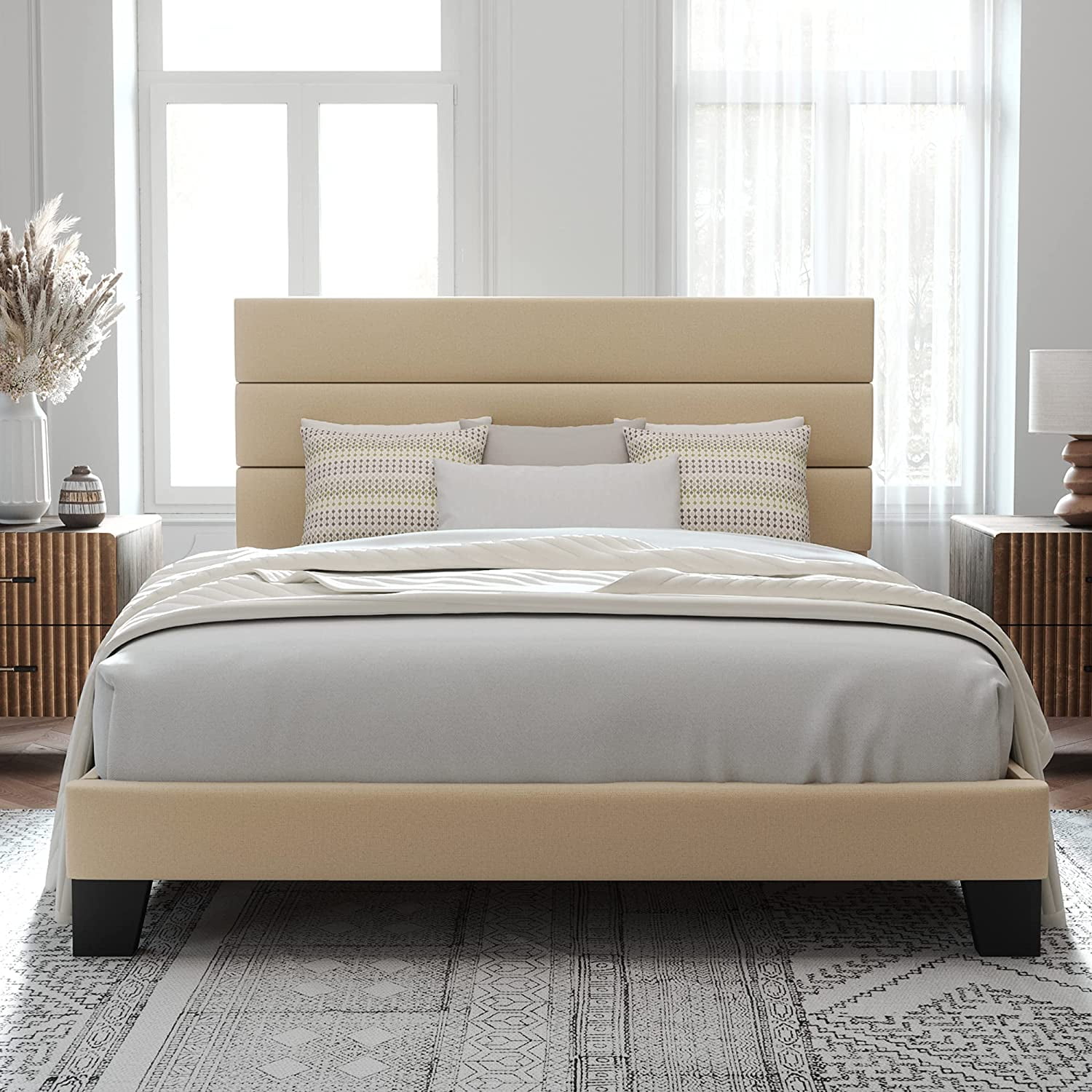 Allewie Queen Size Platform Bed Frame with Fabric Headboard/Fully Upholstered Mattress Foundation, No Box Spring Needed, Beige
