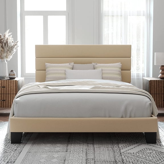 Allewie Queen Size Platform Bed Frame with Fabric Headboard/Fully Upholstered Mattress Foundation, No Box Spring Needed, Beige