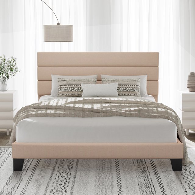 Allewie Queen Size Platform Bed Frame with Fabric Upholstered Headboard, No Box Spring Needed