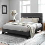 Allewie Queen Size Platform Bed Frame with Fabric Upholstered Headboard, No Box Spring Needed, Dark Grey