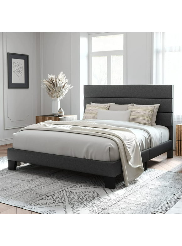 Allewie Queen Size Platform Bed Frame with Fabric Upholstered Headboard, No Box Spring Needed, Dark Grey