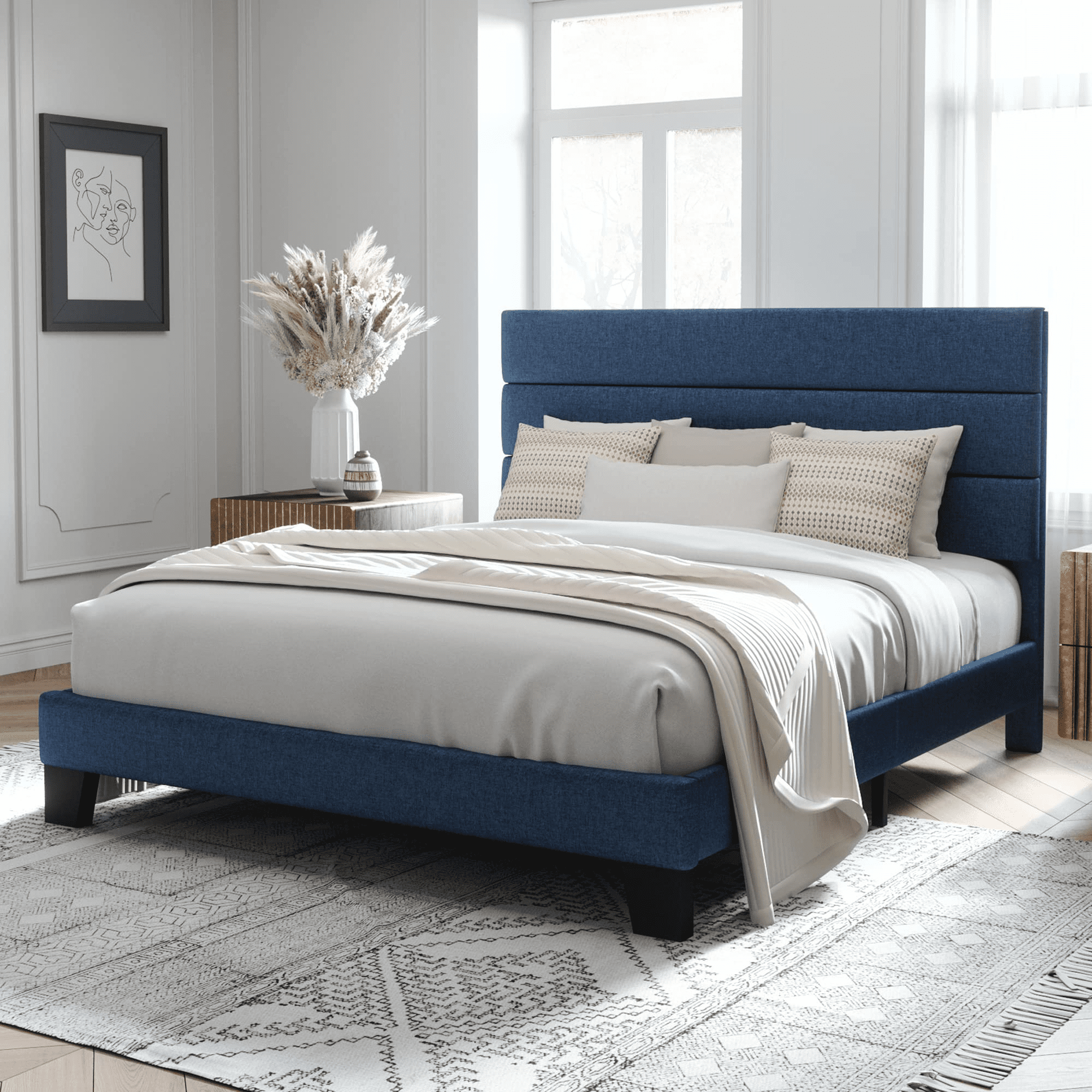 Blue upholstered bed sale frame