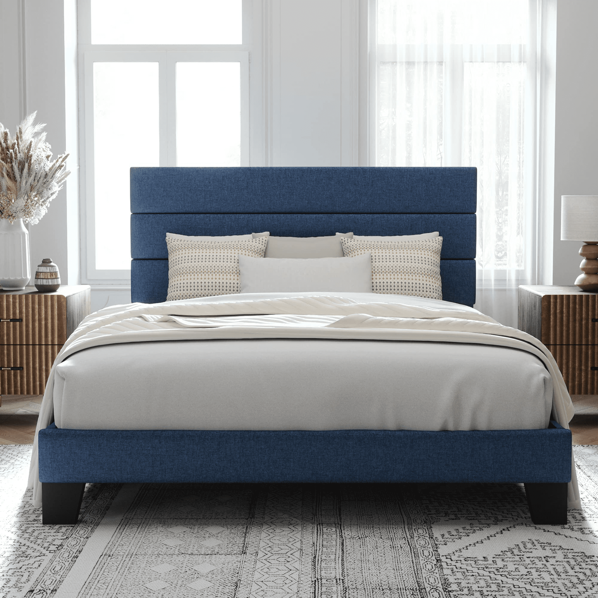 Allewie Queen Size Platform Bed Frame with Fabric Upholstered Headboard, No Box Spring Needed, Navy Blue  (图1)