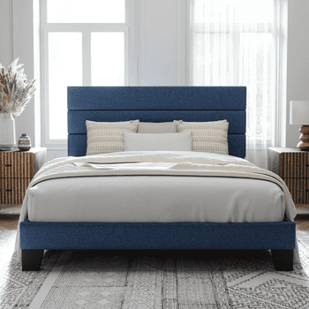 Allewie Queen Size Platform Bed Frame with Fabric Upholstered Headboard, No Box Spring Needed, Navy Blue