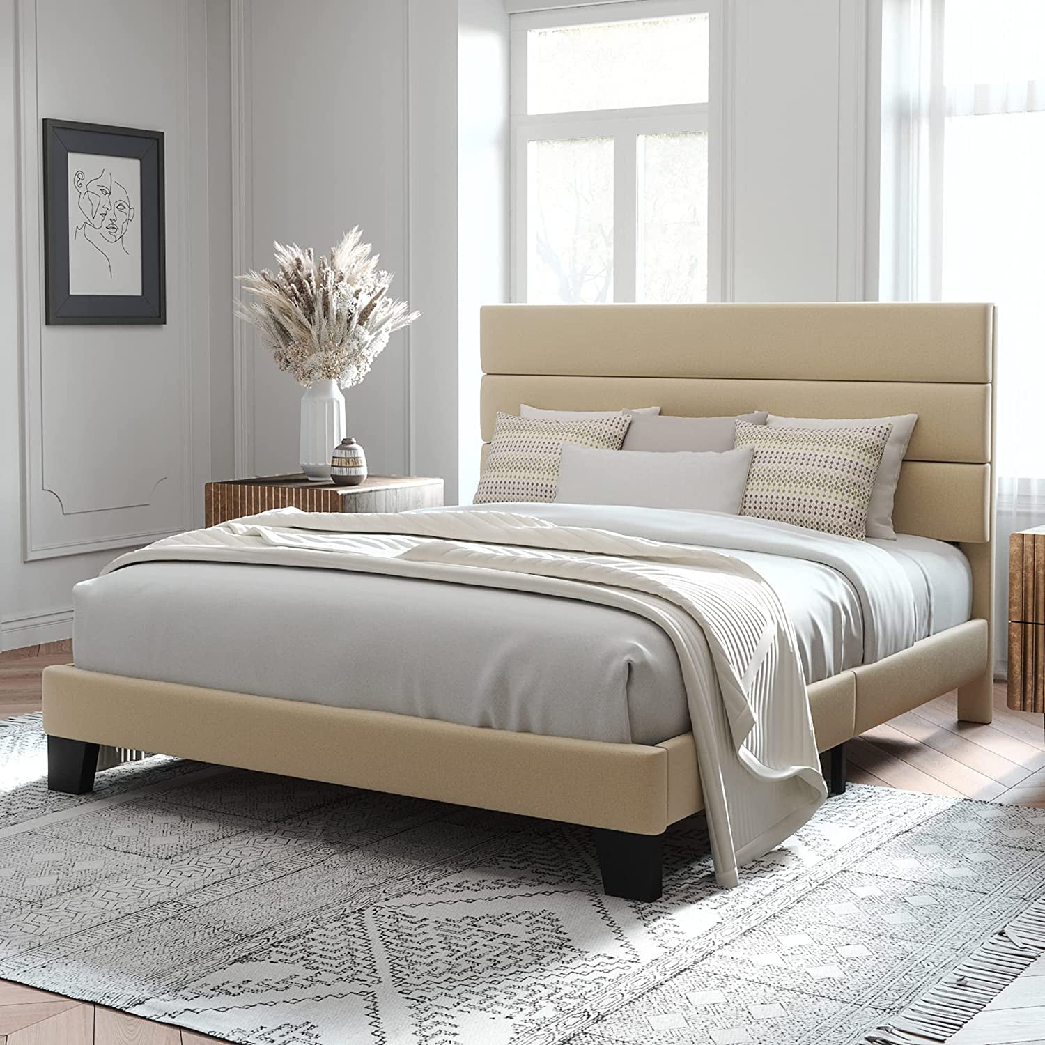 Allewie Queen Size Platform Bed Frame with Velvet Headboard/Fully Upholstered Mattress Foundation, No Box Spring Needed, Beige