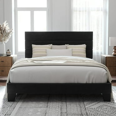 Allewie Queen Size Platform Bed Frame with Velvet Headboard/Fully Upholstered Mattress Foundation, No Box Spring Needed, Black