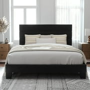 Allewie Queen Size Platform Bed Frame with Velvet Headboard/Fully Upholstered Mattress Foundation, No Box Spring Needed, Black
