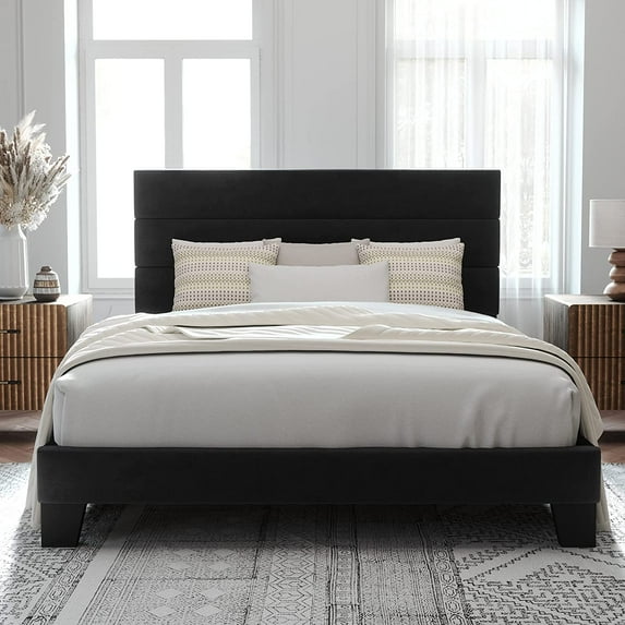 Allewie Queen Size Platform Bed Frame with Velvet Headboard/Fully Upholstered Mattress Foundation, No Box Spring Needed, Black