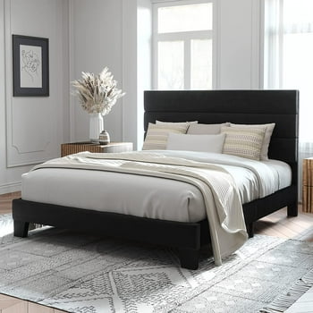 Allewie Queen Size Platform Bed Frame with Velvet Headboard/Fully Upholstered Mattress Foundation, No Box Spring Needed, Black