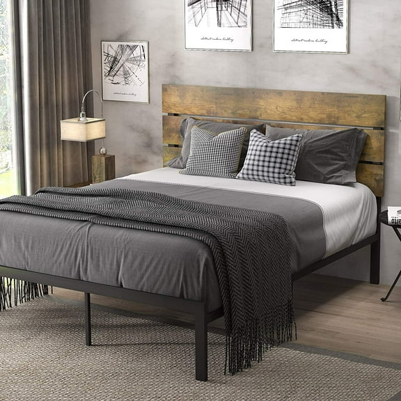 Allewie Queen Size Rustic Industrial Platform Bed Frame with Wood Headboard and Metal Slats