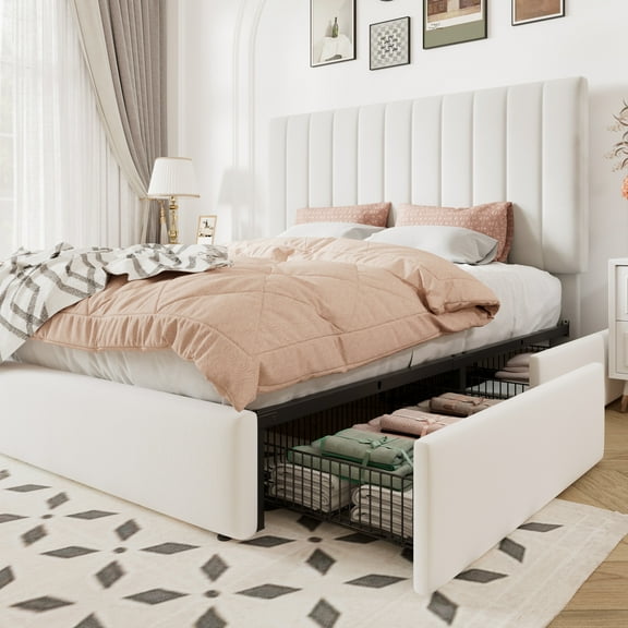 Allewie Queen Size Storage Bed Frame,Adjustable Headboard, Velvet Upholstered Platform Bed with 4 Oversized Underbed Drawers, Wooden Slats Support, No Box Spring Needed, White