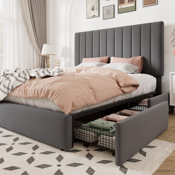 Allewie Queen Size Storage Bed Frame,Adjustable Headboard, Velvet Upholstered Platform Bed with 4 Oversized Underbed Drawers, Wooden Slats Support, No Box Spring Needed, Grey