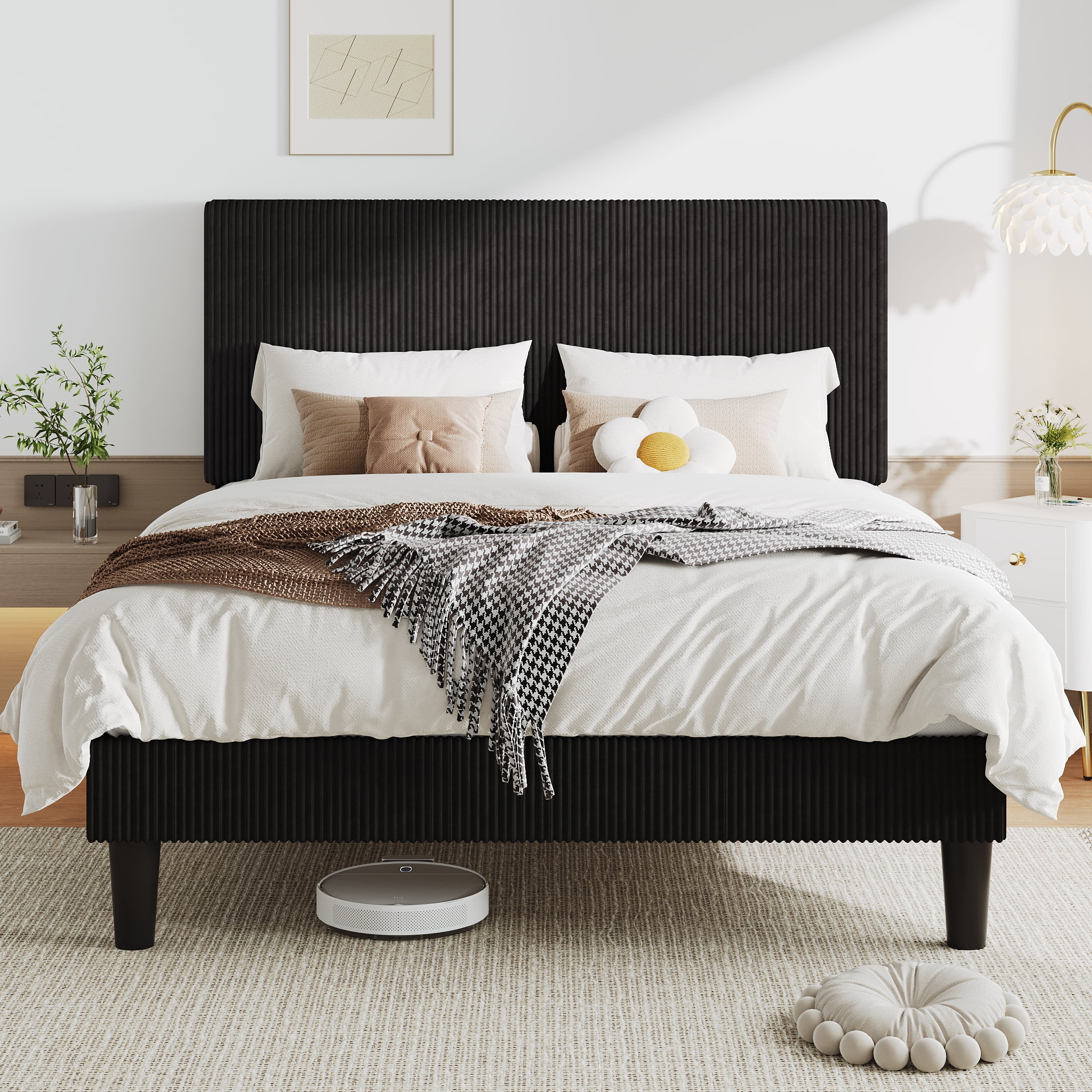 Allewie Queen Size Upholstered Bed Frame with Vertical Channel Tufted Headboard, Soft Corduroy Fabric Platform Bed, Black