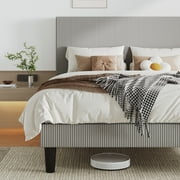 Allewie Queen Size Upholstered Bed Frame with Vertical Channel Tufted Headboard, Soft Corduroy Fabric Platform Bed, Light Grey