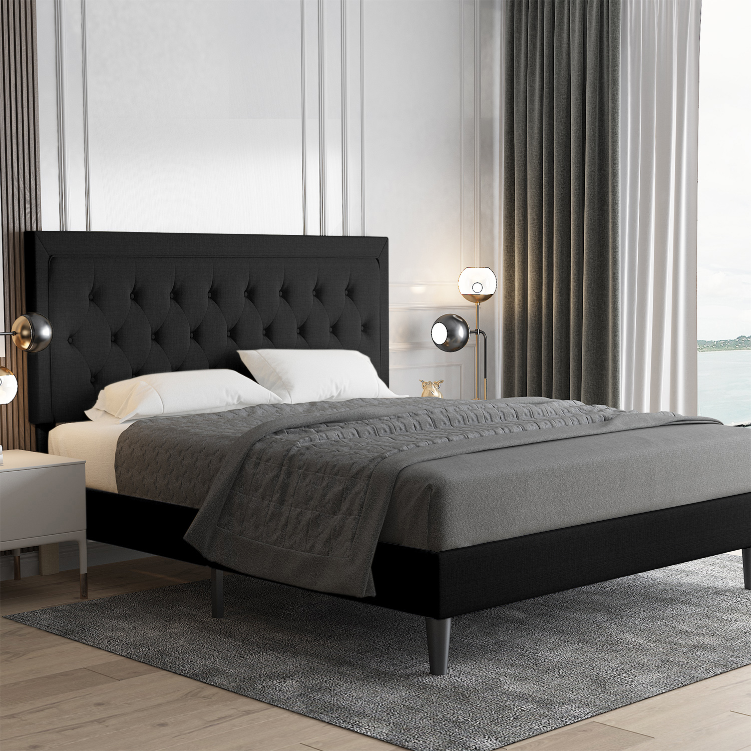 Allewie Queen Size Upholstered Platform Bed Frame with Adjustable Headboard, Button Tufted, Wood Slat Support, Easy Assembly, Black