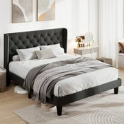 Allewie Queen Size Upholstered Platform Bed Frame with Fabric Wingback Button Tufted Headboard, Dark Grey