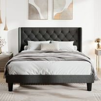 Allewie Queen Size Upholstered Platform Bed Frame with Fabric Wingback Button Tufted Headboard, Dark Grey