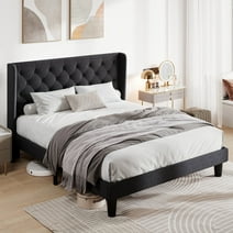 Allewie Queen Size Upholstered Platform Bed Frame with Wingback and Button Tufted Headboard, Black