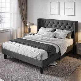 Allewie Queen Size Platform Bed Frame with Fabric Upholstered Headboard,  Dark Grey