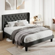 Allewie Queen Size Upholstered Platform Bed Frame with Wingback and Button Tufted Headboard, Dark Grey