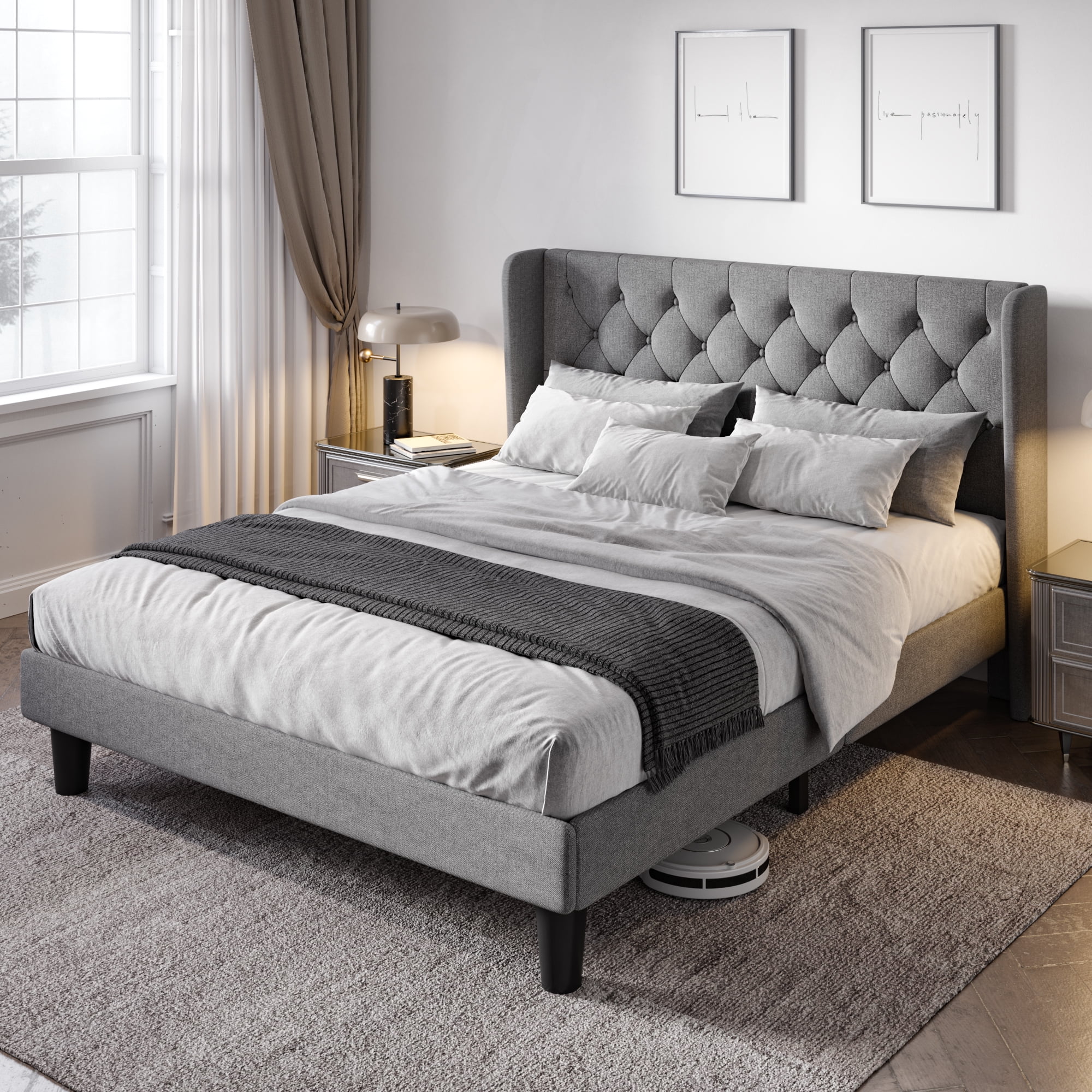 Allewie Queen Size Upholstered Platform Bed Frame with Wingback and