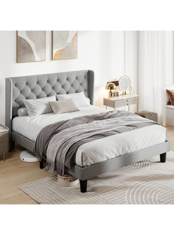 Allewie Queen Size Upholstered Platform Bed Frame with Wingback and Button Tufted Headboard, Light Grey