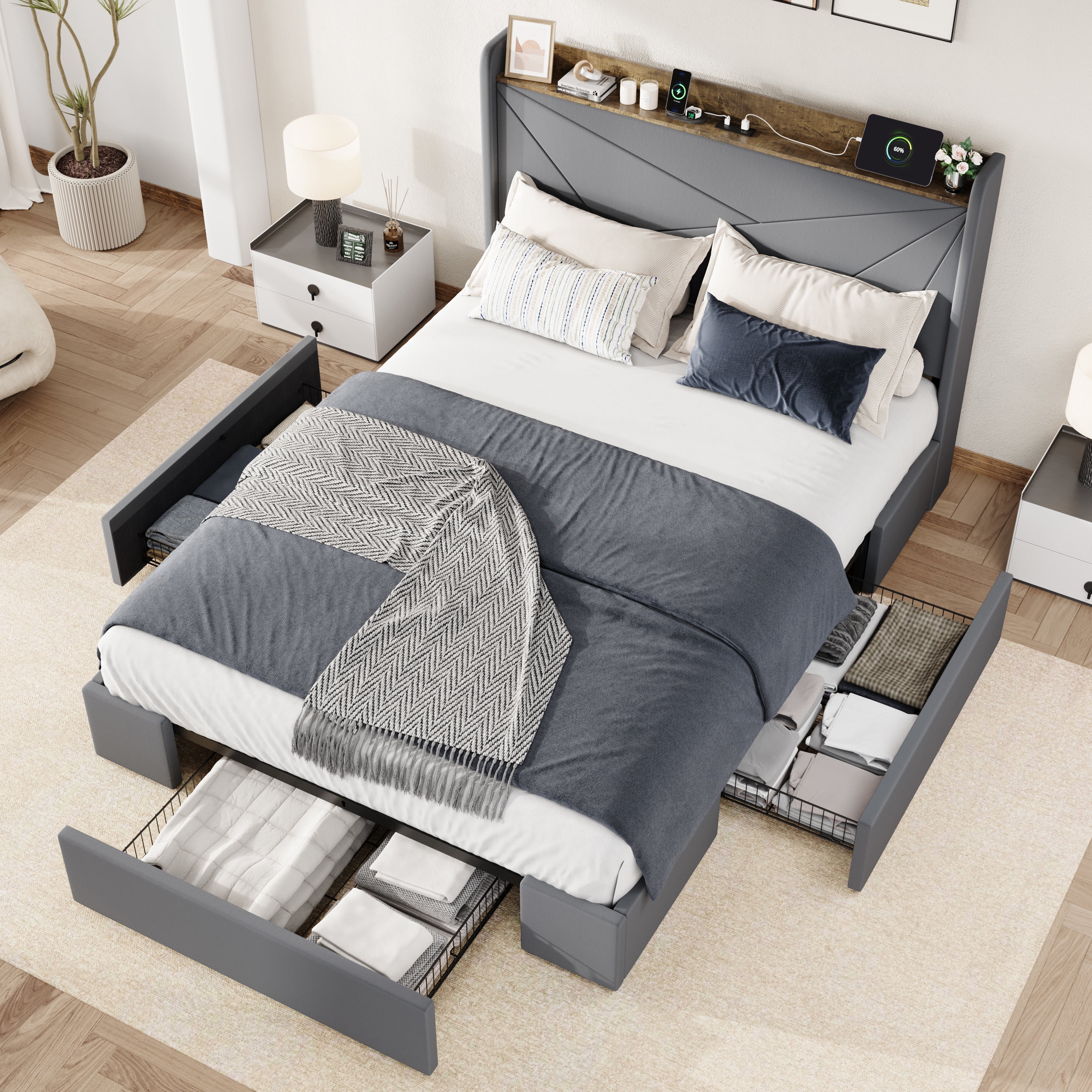 Allewie Queen Size Velvet Bed Frame with 3 Storage Drawers, Upholstered ...