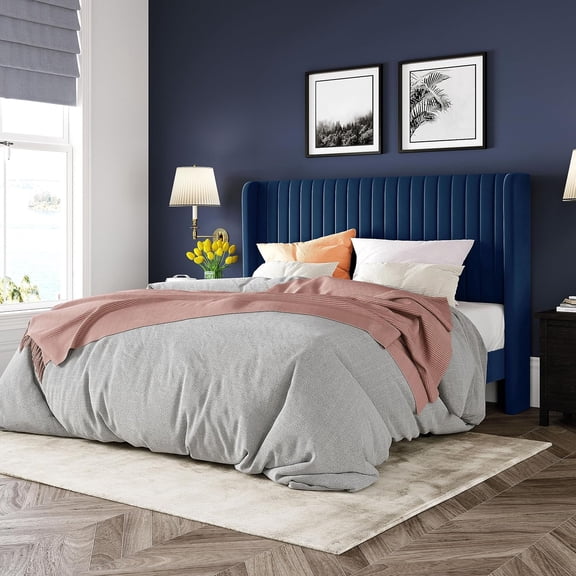 Allewie Queen Size Velvet Bed Frame/Vertical Channel Tufted Wingback Headboard/Upholstered Platform Bed/Strong Wooden Slats/No Box Spring Needed/Easy Assembly/Blue