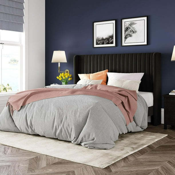 Allewie Queen Size Velvet Bed Frame Vertical Channel Tufted Wingback Headboard Upholstered Platform Bed Strong Wooden Slats Black