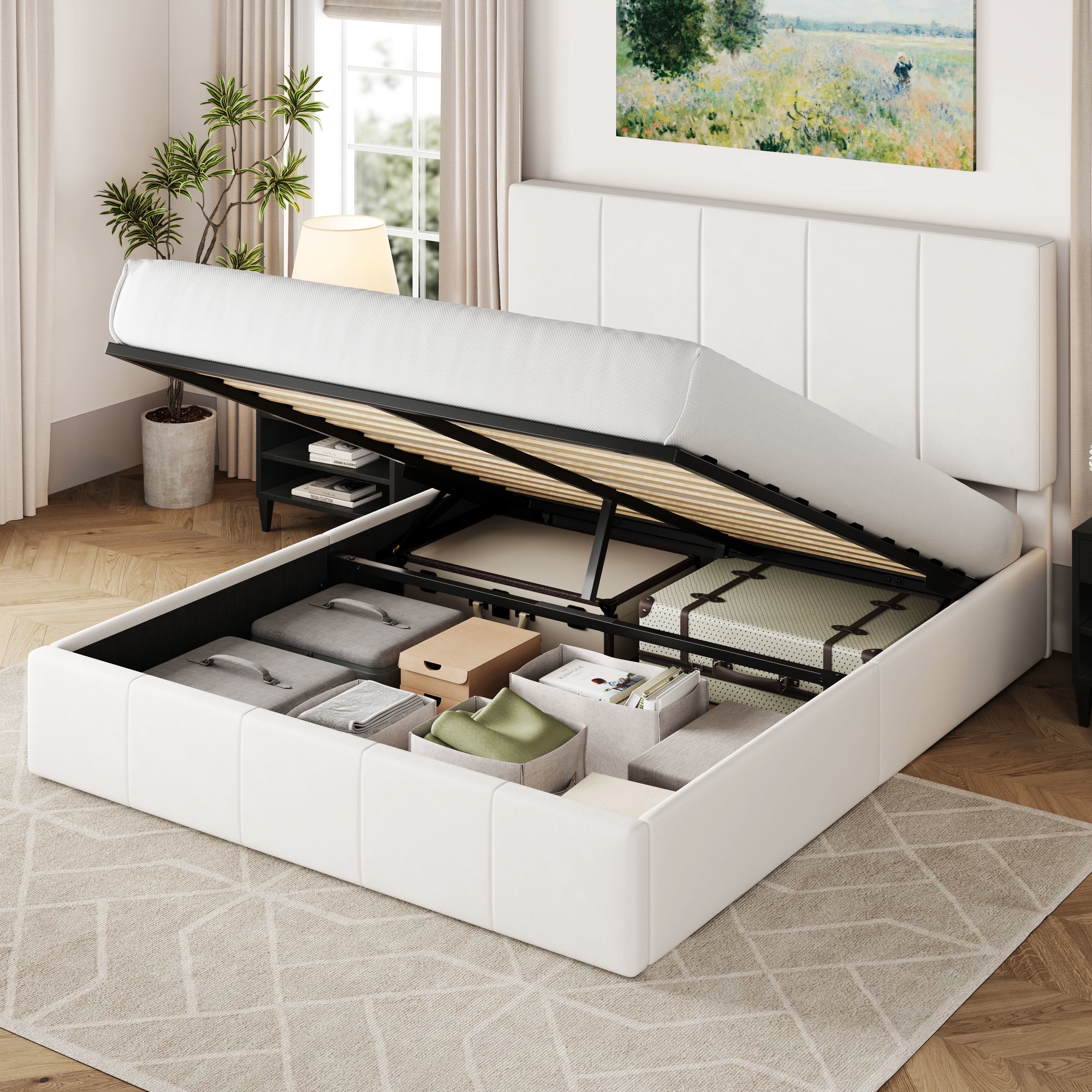 Allewie Queen Size Velvet Lift Up Storage Bed Frame, Vertical Channel Tufted Headboard, Hydrualic Underneath Storage, Upholstered Platform Bed, Wooden Slats Support, No Box Spring Needed, White