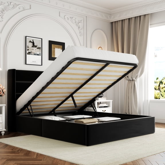 Allewie Queen Size Velvet Lift Up Storage Bed, Modern Wingback Headboard, Hydraulic Storage, No Box Spring Needed, Black