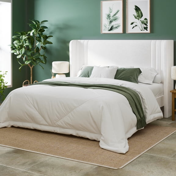 Allewie Queen Size Velvet Platform Bed Frame with Vertical Tufted Wingback Headboard, Easy Assembly, Under Bed Storage, No Box Spring Required, Modern Style, White