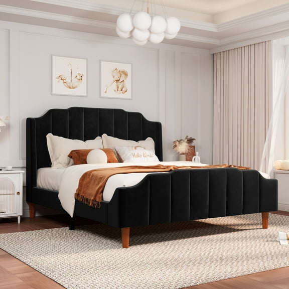 Allewie Queen Size Velvet Platform Bed with Modern Curved Upholstered Headboard and Footboard, Black
