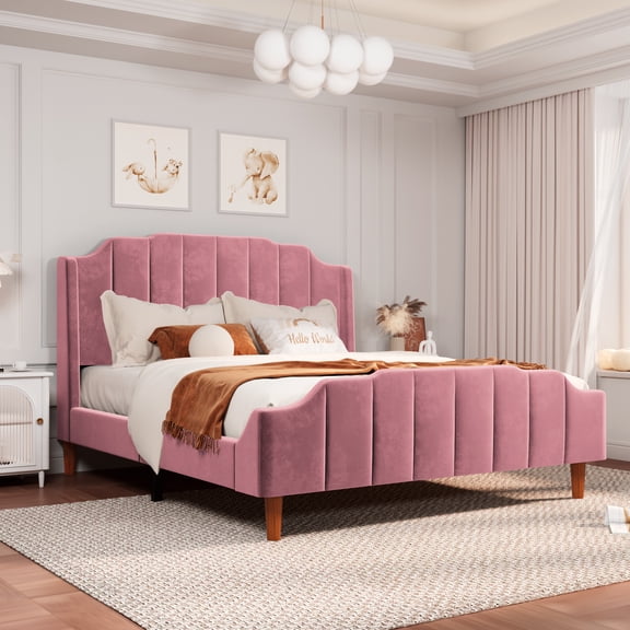 Allewie Queen Size Velvet Platform Bed with Modern Curved Upholstered Headboard and Footboard, Pink