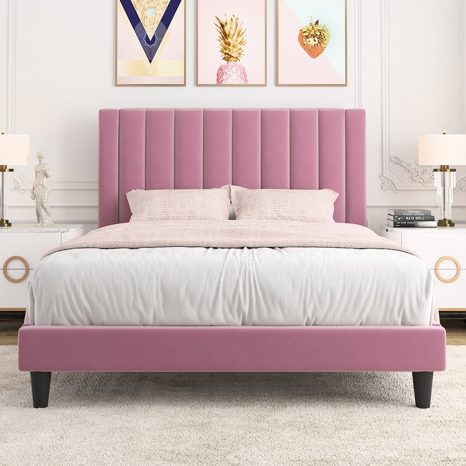 Allewie Queen Size Velvet Upholstered Bed Frame, Pink, Vertical