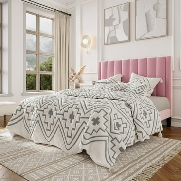 Allewie Queen Size Velvet Upholstered Bed Frame with Vertical Channel Tufted Headboard, Pink