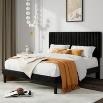 Allewie Queen Size Velvet Upholstered Platform Bed Frame with Adjustable Vertical Channel Tufted Headboard, Black
