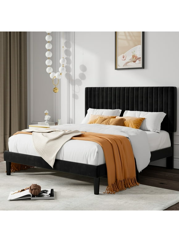 Allewie Queen Size Velvet Upholstered Platform Bed Frame with Adjustable Vertical Channel Tufted Headboard, Black
