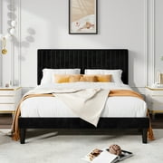 Allewie Queen Size Velvet Upholstered Platform Bed Frame with Adjustable Vertical Channel Tufted Headboard, Black