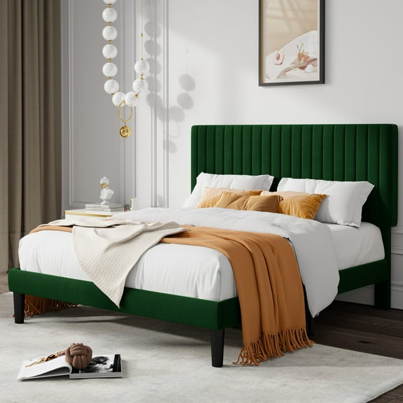 Allewie Queen Size Velvet Upholstered Platform Bed Frame with Adjustable Vertical Channel Tufted Headboard, Green