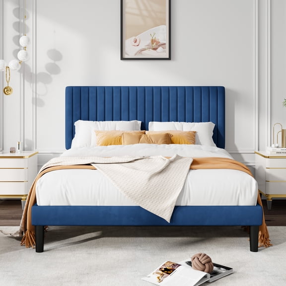 Allewie Queen Size Velvet Upholstered Platform Bed Frame with Adjustable Vertical Channel Tufted Headboard, Navy Blue